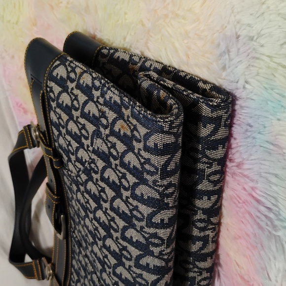 FIRM PRICE! Auth Dior Denim Navy Blue Oblique/Leather Vint Buckle Tote/Dust Bag - Picture 14 of 16